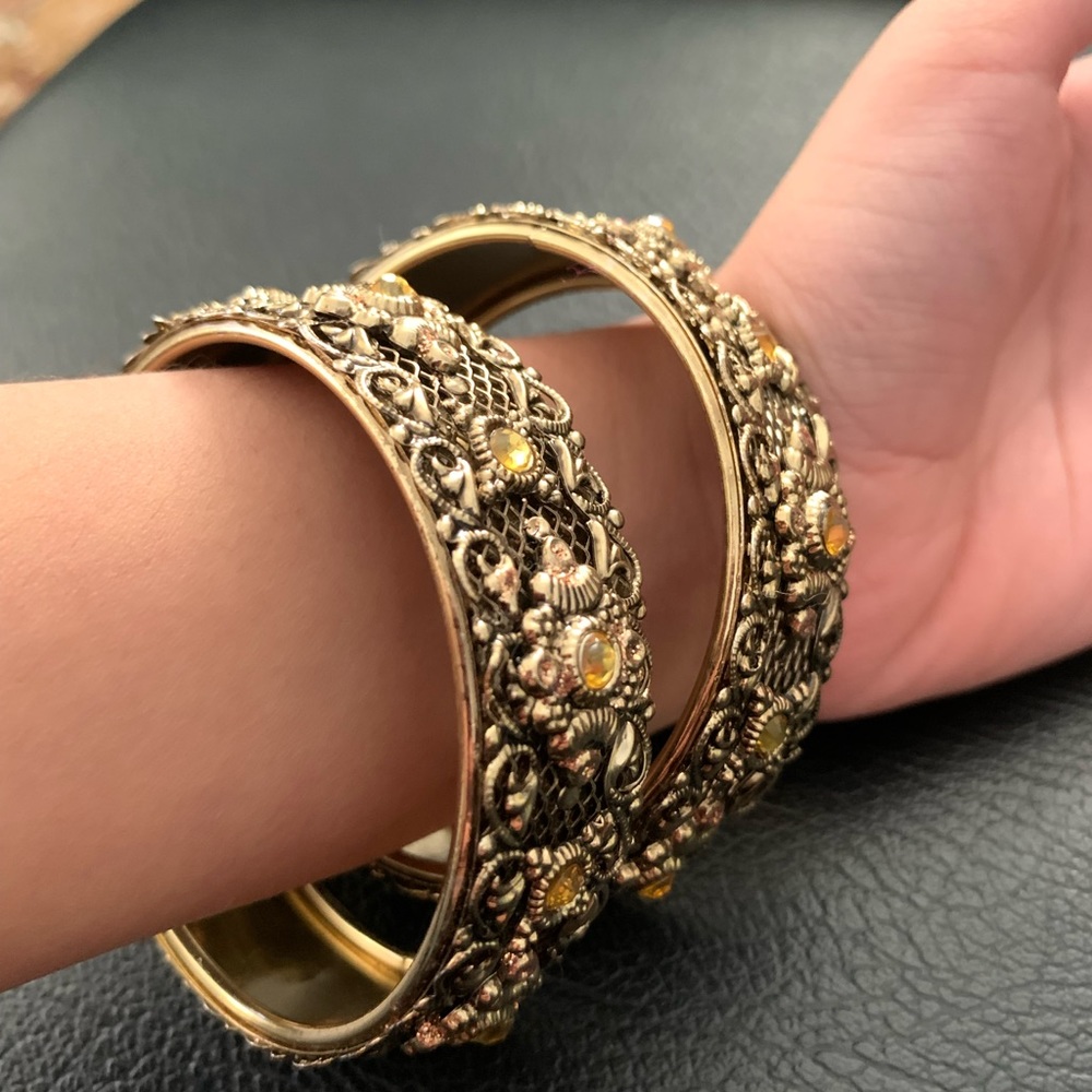 Antique Gold Wide Bracelets with Precious Gemstones x 2